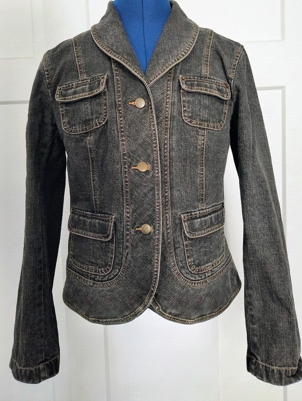 LOFT Dark Gray Denim Jacket with Contrast Stitching
